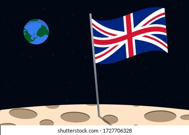 View of planet Earth from the surface of the Moon with the UK flag and holes on the ground