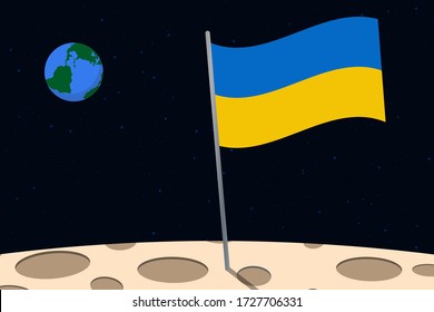 View of planet Earth from the surface of the Moon with the Ukraine flag and holes on the ground