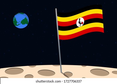 View of planet Earth from the surface of the Moon with the Uganda flag and holes on the ground