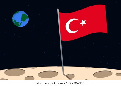 View of planet Earth from the surface of the Moon with the Turkey flag and holes on the ground