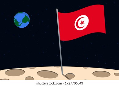 View of planet Earth from the surface of the Moon with the Tunisia flag and holes on the ground