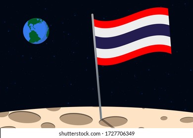 View of planet Earth from the surface of the Moon with the Thailand flag and holes on the ground