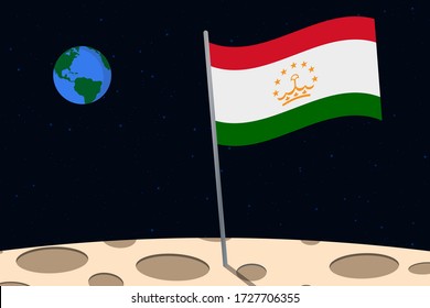 View of planet Earth from the surface of the Moon with the Tajikistan flag and holes on the ground