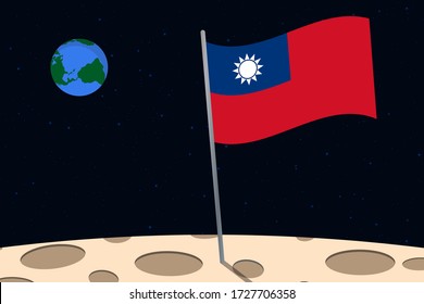 View of planet Earth from the surface of the Moon with the Taiwan flag and holes on the ground