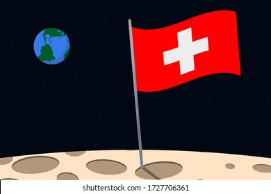 View of planet Earth from the surface of the Moon with the Switzerland flag and holes on the ground