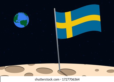 View of planet Earth from the surface of the Moon with the Sweden flag and holes on the ground