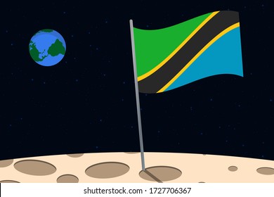 View of planet Earth from the surface of the Moon with the Tanzania flag and holes on the ground