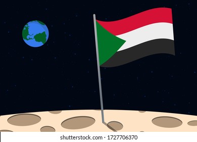 View of planet Earth from the surface of the Moon with the Sudan flag and holes on the ground