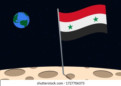 View of planet Earth from the surface of the Moon with the Syria flag and holes on the ground