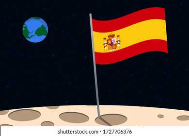 View of planet Earth from the surface of the Moon with the Spain flag and holes on the ground