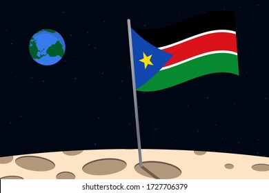 View of planet Earth from the surface of the Moon with the South Sudan flag and holes on the ground