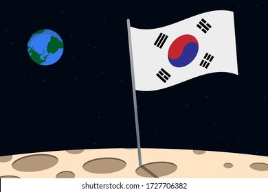 View of planet Earth from the surface of the Moon with the South Korea flag and holes on the ground