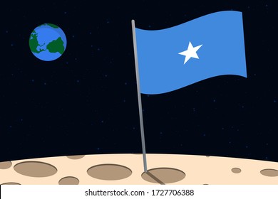 View of planet Earth from the surface of the Moon with the Somalia flag and holes on the ground