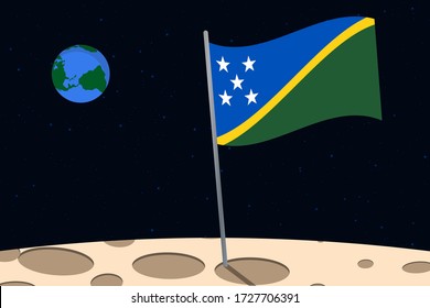 View of planet Earth from the surface of the Moon with the Solomon Islands flag and holes on the ground