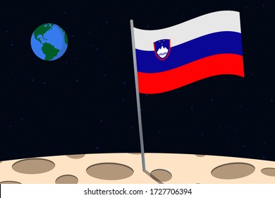 View of planet Earth from the surface of the Moon with the Slovenia flag and holes on the ground