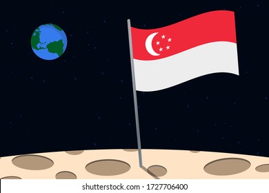 View of planet Earth from the surface of the Moon with the Singapore flag and holes on the ground