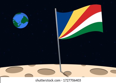 View of planet Earth from the surface of the Moon with the Seychelles flag and holes on the ground