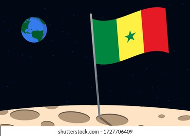 View of planet Earth from the surface of the Moon with the Senegal flag and holes on the ground