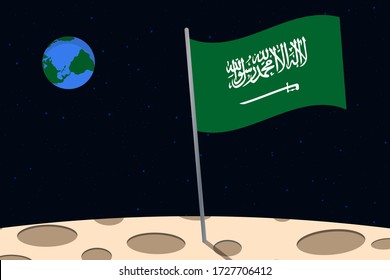 View of planet Earth from the surface of the Moon with the Saudi Arabia flag and holes on the ground