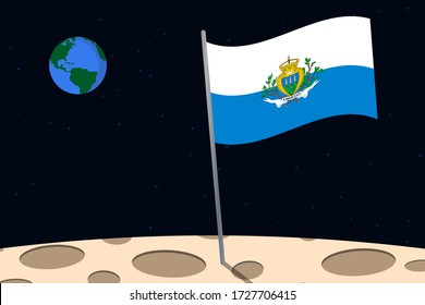 View of planet Earth from the surface of the Moon with the San Marino flag and holes on the ground