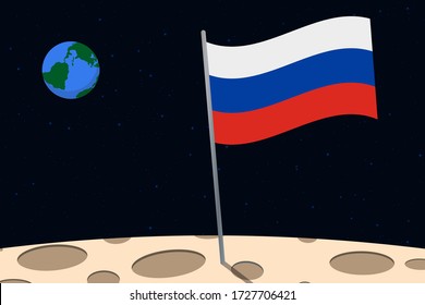 View of planet Earth from the surface of the Moon with the Russia flag and holes on the ground