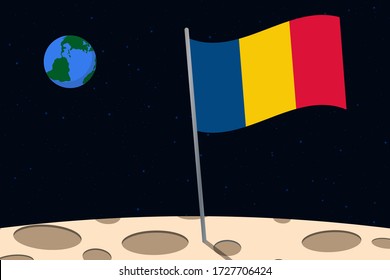 View of planet Earth from the surface of the Moon with the Romania flag and holes on the ground