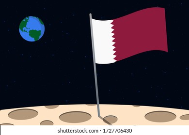 View of planet Earth from the surface of the Moon with the Qatar flag and holes on the ground