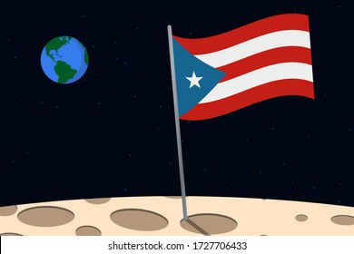 View of planet Earth from the surface of the Moon with the Puerto Rico flag and holes on the ground