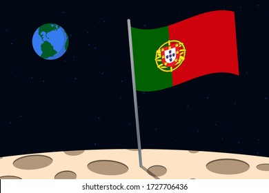 View of planet Earth from the surface of the Moon with the Portugal flag and holes on the ground