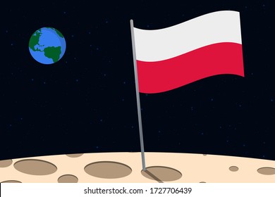 View of planet Earth from the surface of the Moon with the Poland flag and holes on the ground