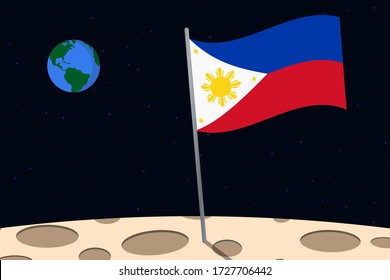 View of planet Earth from the surface of the Moon with the Philippines flag and holes on the ground