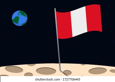 View of planet Earth from the surface of the Moon with the Peru flag and holes on the ground