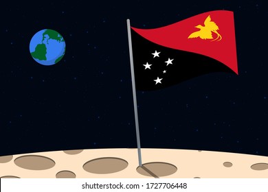 View of planet Earth from the surface of the Moon with the Papua New Guinea flag and holes on the ground