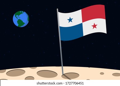 View of planet Earth from the surface of the Moon with the Panama flag and holes on the ground