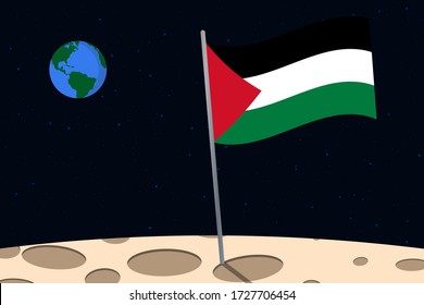 View of planet Earth from the surface of the Moon with the Palestine flag and holes on the ground