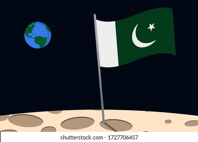 View of planet Earth from the surface of the Moon with the Pakistan flag and holes on the ground