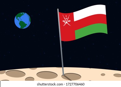 View of planet Earth from the surface of the Moon with the Oman flag and holes on the ground