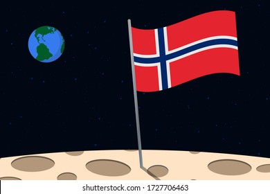 View of planet Earth from the surface of the Moon with the Norway flag and holes on the ground