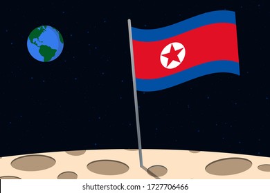 View of planet Earth from the surface of the Moon with the North Korea flag and holes on the ground