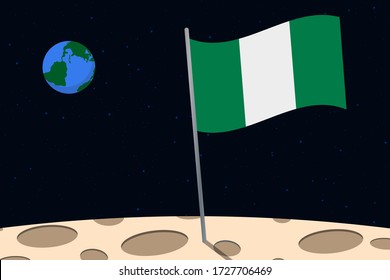 View of planet Earth from the surface of the Moon with the Nigeria flag and holes on the ground