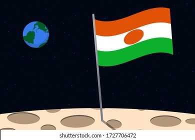 View of planet Earth from the surface of the Moon with the Niger flag and holes on the ground