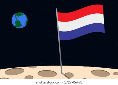 View of planet Earth from the surface of the Moon with the Netherlands flag and holes on the ground