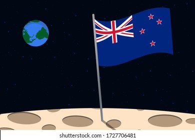 View of planet Earth from the surface of the Moon with the New Zealand flag and holes on the ground