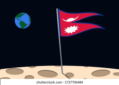 View of planet Earth from the surface of the Moon with the Nepal flag and holes on the ground