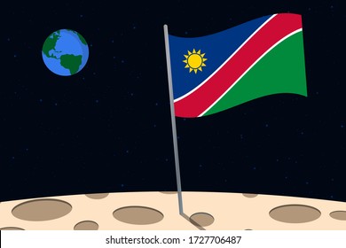 View of planet Earth from the surface of the Moon with the Namibia flag and holes on the ground