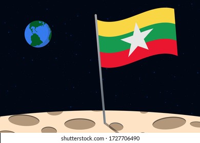 View of planet Earth from the surface of the Moon with the Myanmar flag and holes on the ground