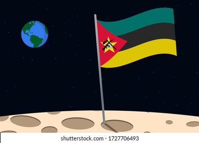 View of planet Earth from the surface of the Moon with the Mozambique flag and holes on the ground