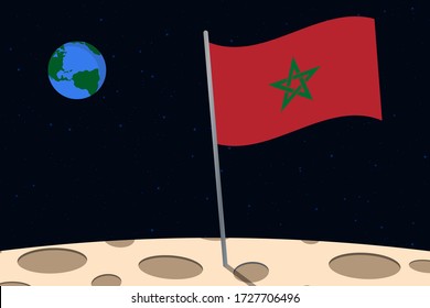 View of planet Earth from the surface of the Moon with the Morocco flag and holes on the ground