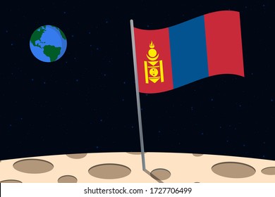 View of planet Earth from the surface of the Moon with the Mongolia flag and holes on the ground