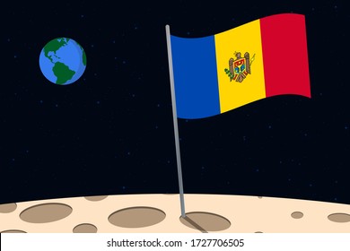 View of planet Earth from the surface of the Moon with the Moldova flag and holes on the ground